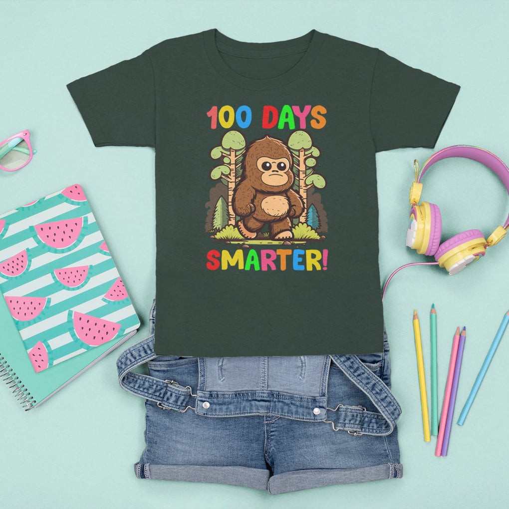 100th Day Of School T Shirt For Kid 100 Days Smarter Cute Bigfoot Sasquatch TS09 Dark Forest Green Printyourwear