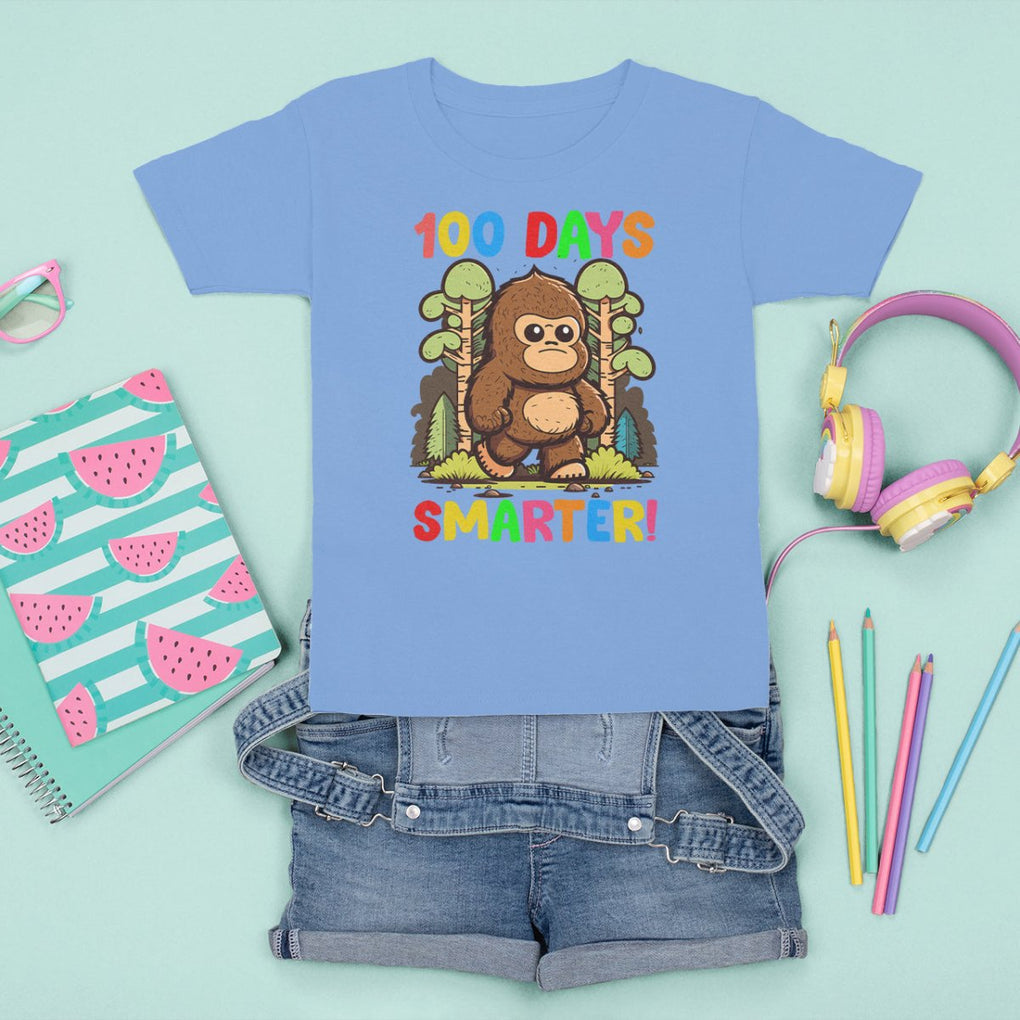 100th Day Of School T Shirt For Kid 100 Days Smarter Cute Bigfoot Sasquatch TS09 Carolina Blue Printyourwear