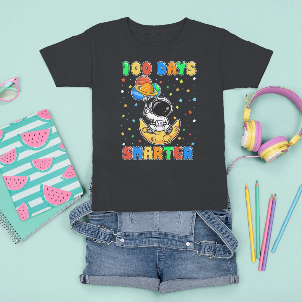 100th Day Of School T Shirt For Kid 100 Days Smarter Funny Astronaut Space Balloon TS09 Black Printyourwear
