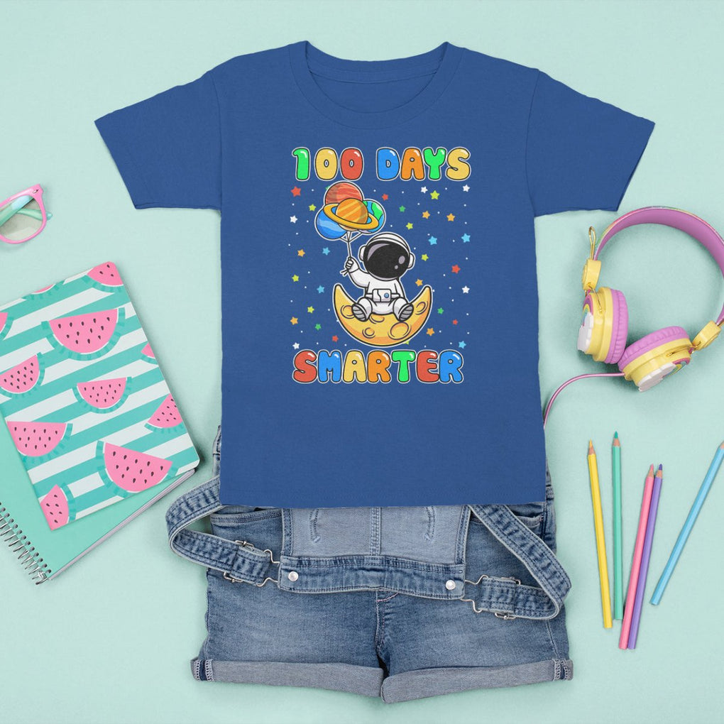 100th Day Of School T Shirt For Kid 100 Days Smarter Funny Astronaut Space Balloon TS09 Royal Blue Printyourwear