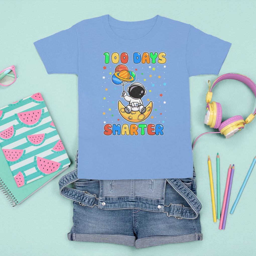 100th Day Of School T Shirt For Kid 100 Days Smarter Funny Astronaut Space Balloon TS09 Carolina Blue Printyourwear