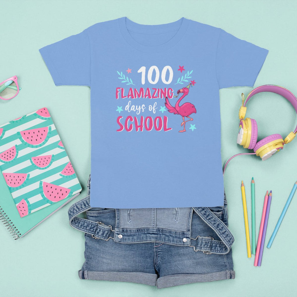 100th Day Of School T Shirt For Kid 100 Flamazing Days Flamingo TS09 Carolina Blue Printyourwear