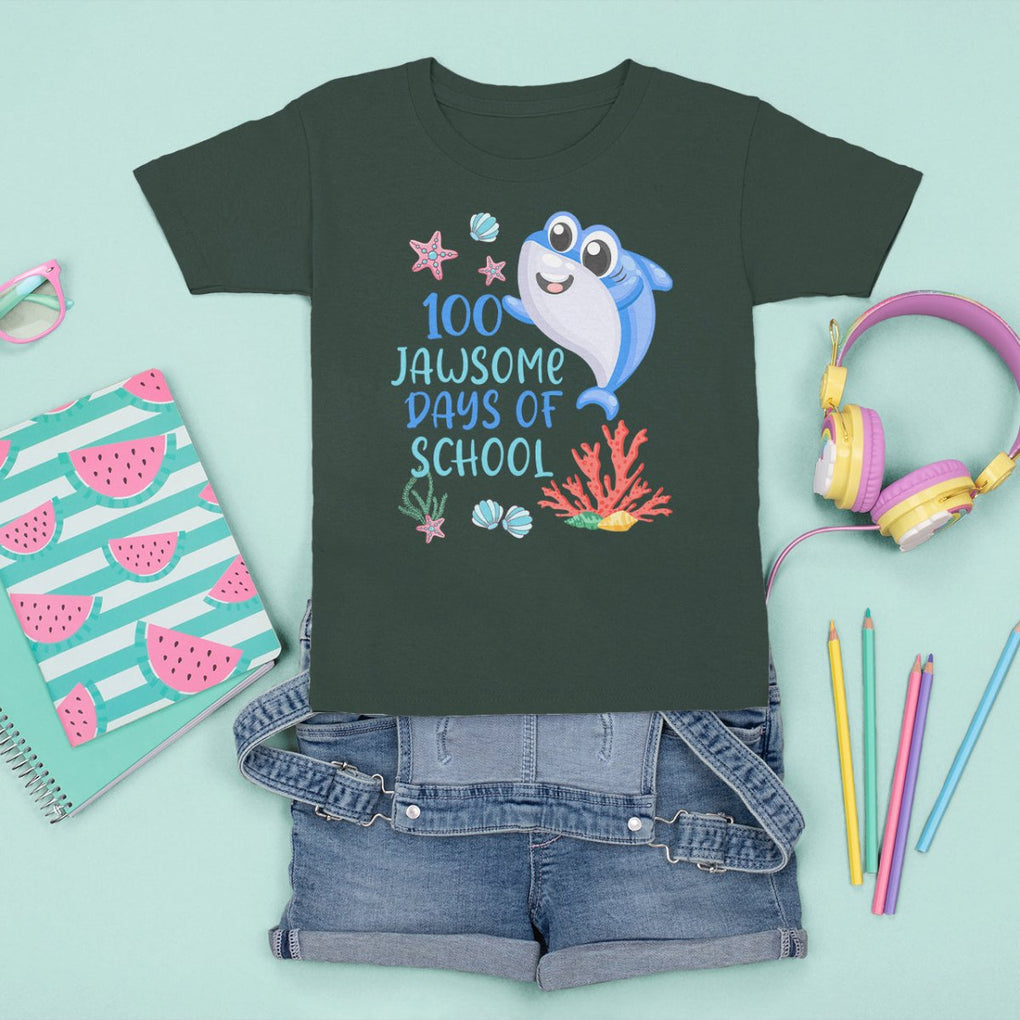 100th Day Of School T Shirt For Kid 100 Jawsome Days Funny Shark TS09 Dark Forest Green Printyourwear