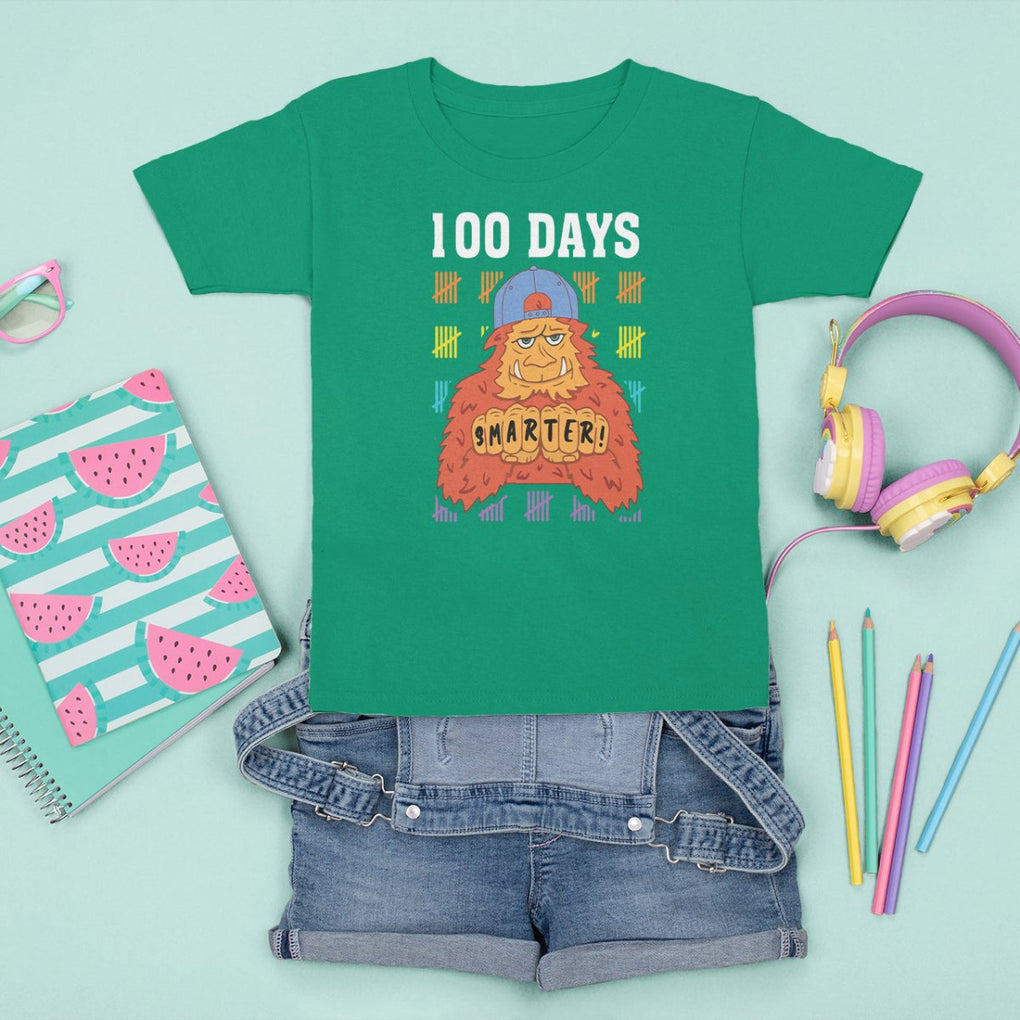 100th Day Of School T Shirt For Kid 101 Days Smarter Cool Bigfoot Sasquatch TS09 Irish Green Printyourwear