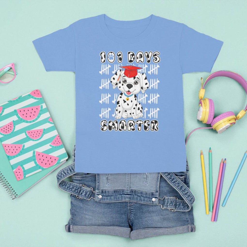 100th Day Of School T Shirt For Kid 101 Days Smarter Cute Dalmatian Dog TS09 Carolina Blue Printyourwear