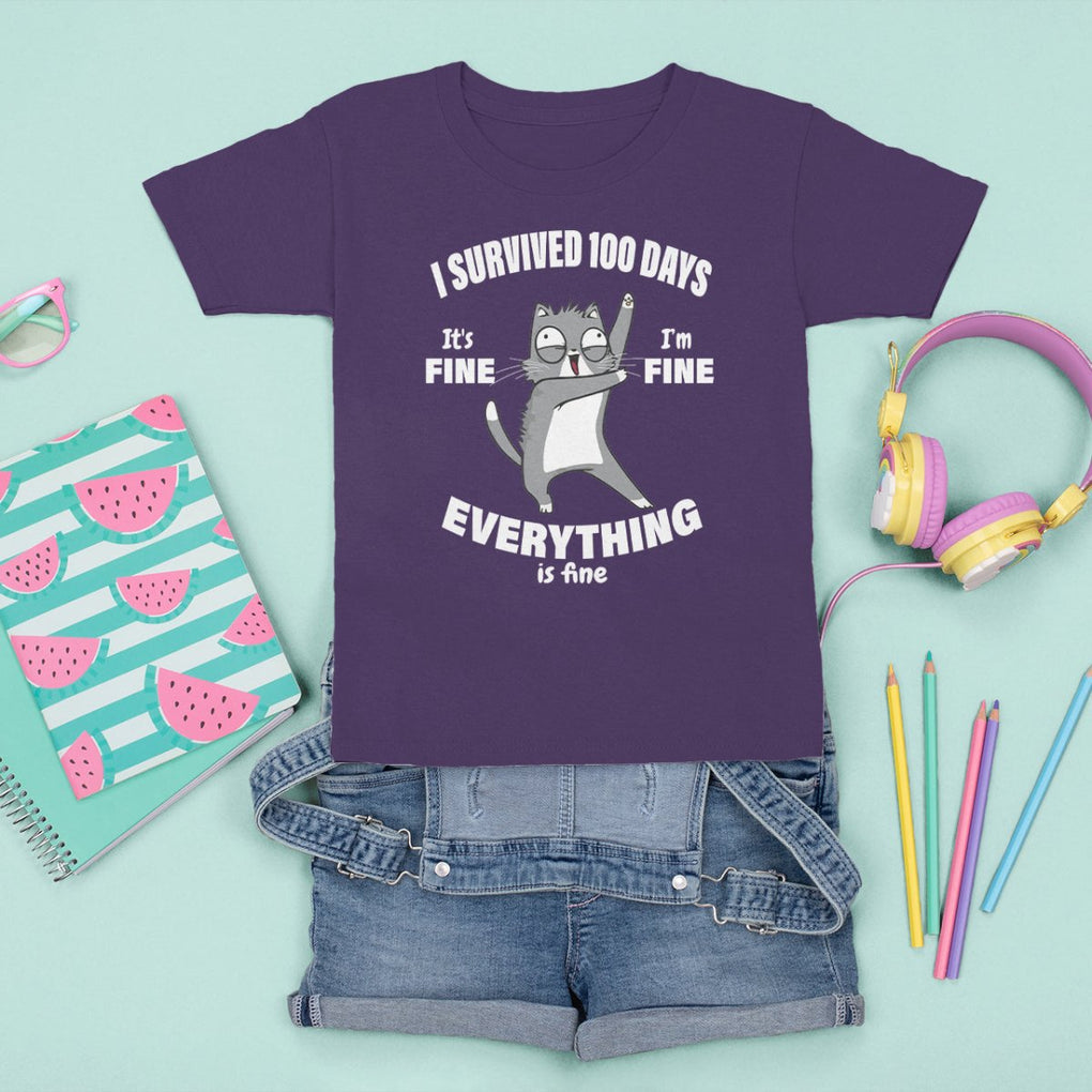 100th Day Of School T Shirt For Kid Funny Cat Everything Is Fine I Survived 100 Days TS09 Purple Printyourwear