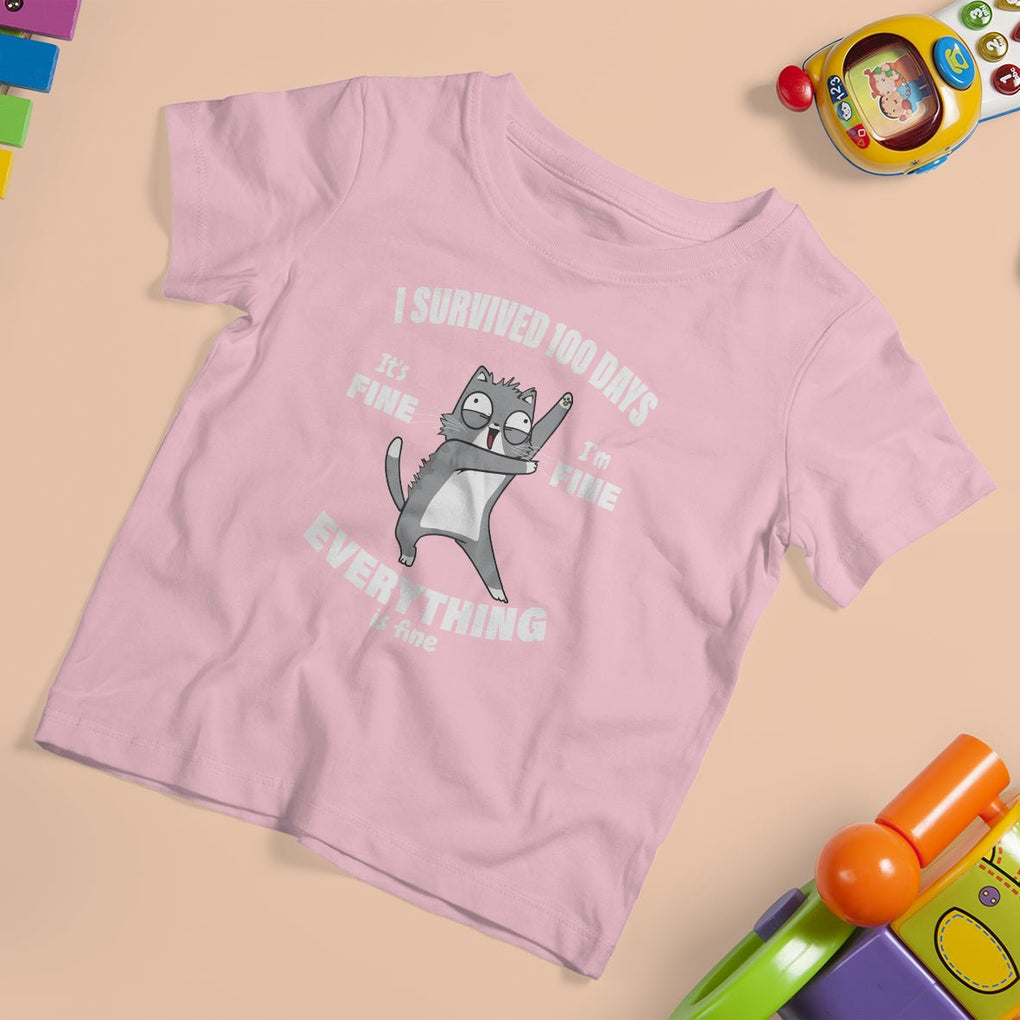 100th Day Of School T Shirt For Kid Funny Cat Everything Is Fine I Survived 100 Days TS09 Light Pink Printyourwear