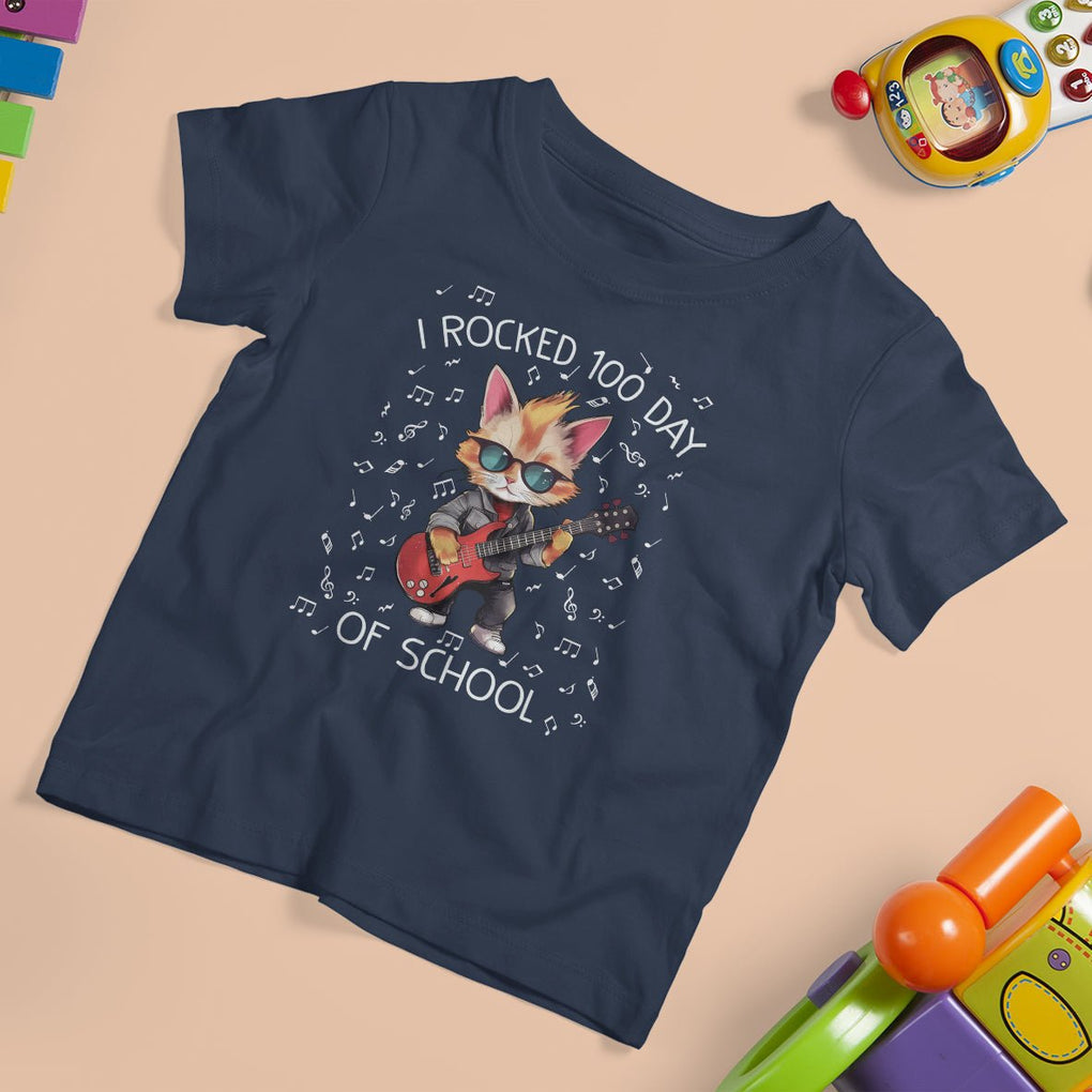 100th Day Of School T Shirt For Kid I Rocked 100 Days Funny Cat Play Guitar Rock Lover TS09 Navy Printyourwear