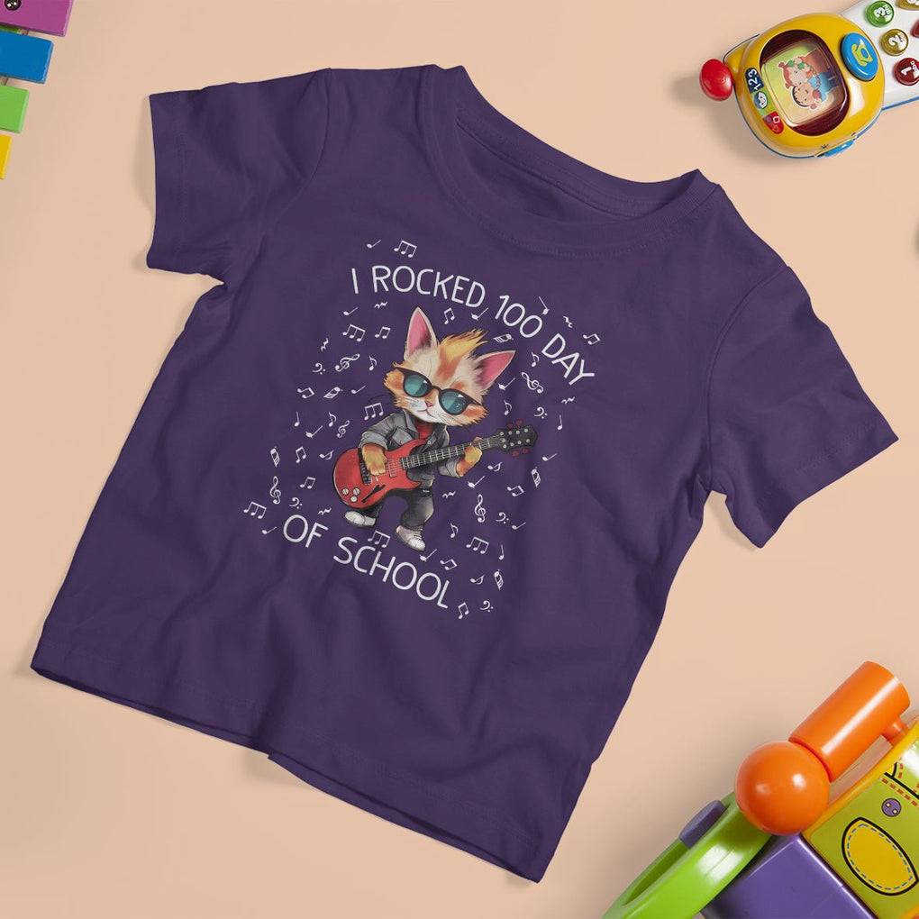 100th Day Of School T Shirt For Kid I Rocked 100 Days Funny Cat Play Guitar Rock Lover TS09 Purple Printyourwear
