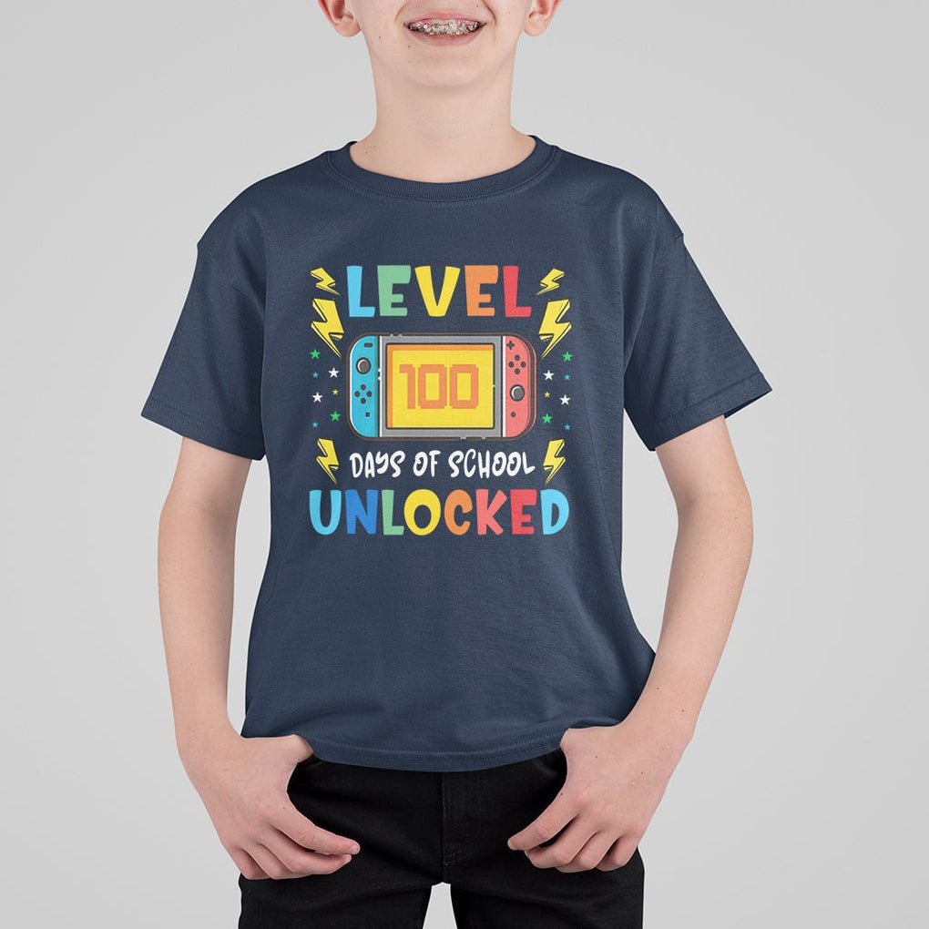100th Day Of School T Shirt For Kid Level 100 Days Unlocked Video Game Funny Gamer TS09 Navy Printyourwear
