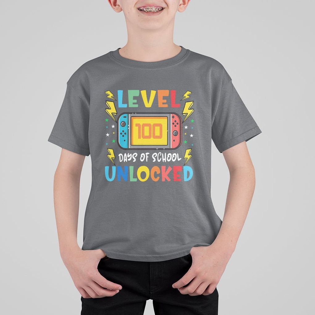 100th Day Of School T Shirt For Kid Level 100 Days Unlocked Video Game Funny Gamer TS09 Charcoal Printyourwear