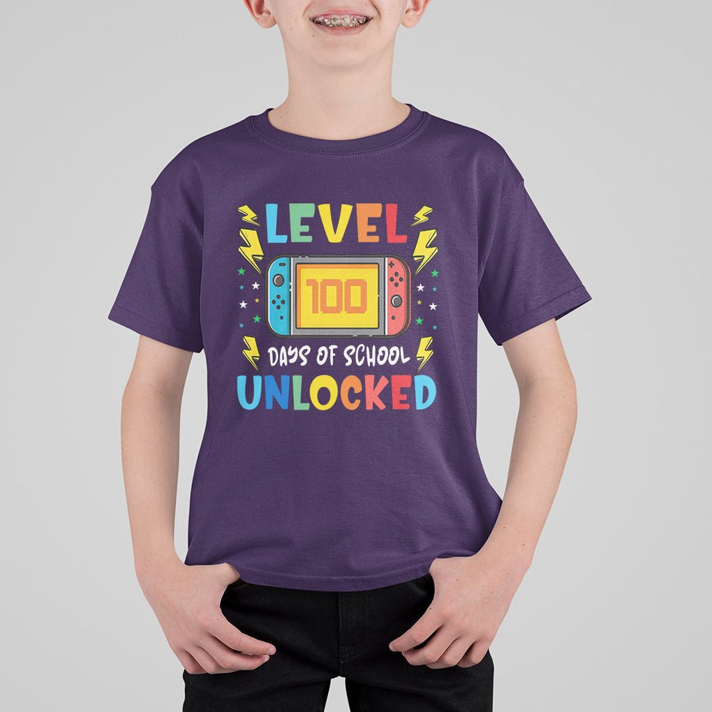 100th Day Of School T Shirt For Kid Level 100 Days Unlocked Video Game Funny Gamer TS09 Purple Printyourwear