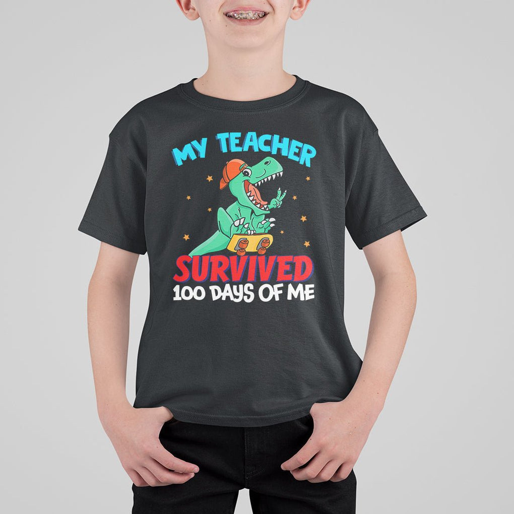 100th Day Of School T Shirt For Kid My Teacher Survived 100 Days Of Me Funny Dinosaur TS09 Black Printyourwear