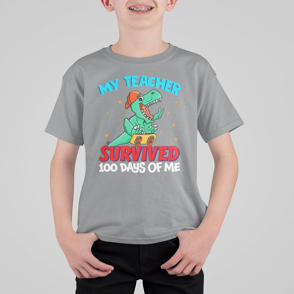 100th Day Of School T Shirt For Kid My Teacher Survived 100 Days Of Me Funny Dinosaur TS09 Sport Gray Printyourwear