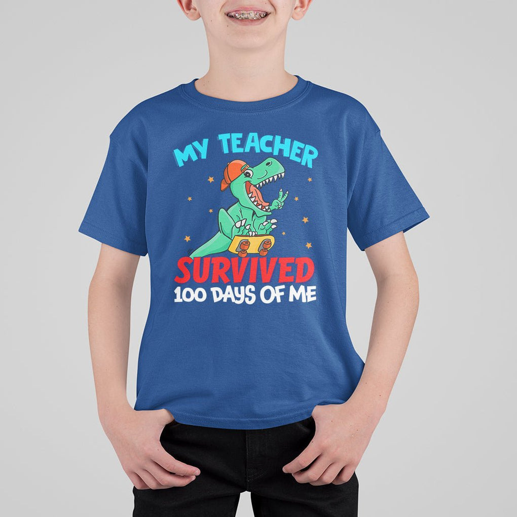 100th Day Of School T Shirt For Kid My Teacher Survived 100 Days Of Me Funny Dinosaur TS09 Royal Blue Printyourwear