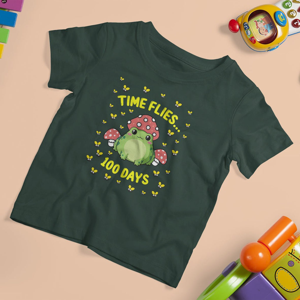 100th Day Of School T Shirt For Kid Time Flies Frog 100 Days TS09 Dark Forest Green Printyourwear