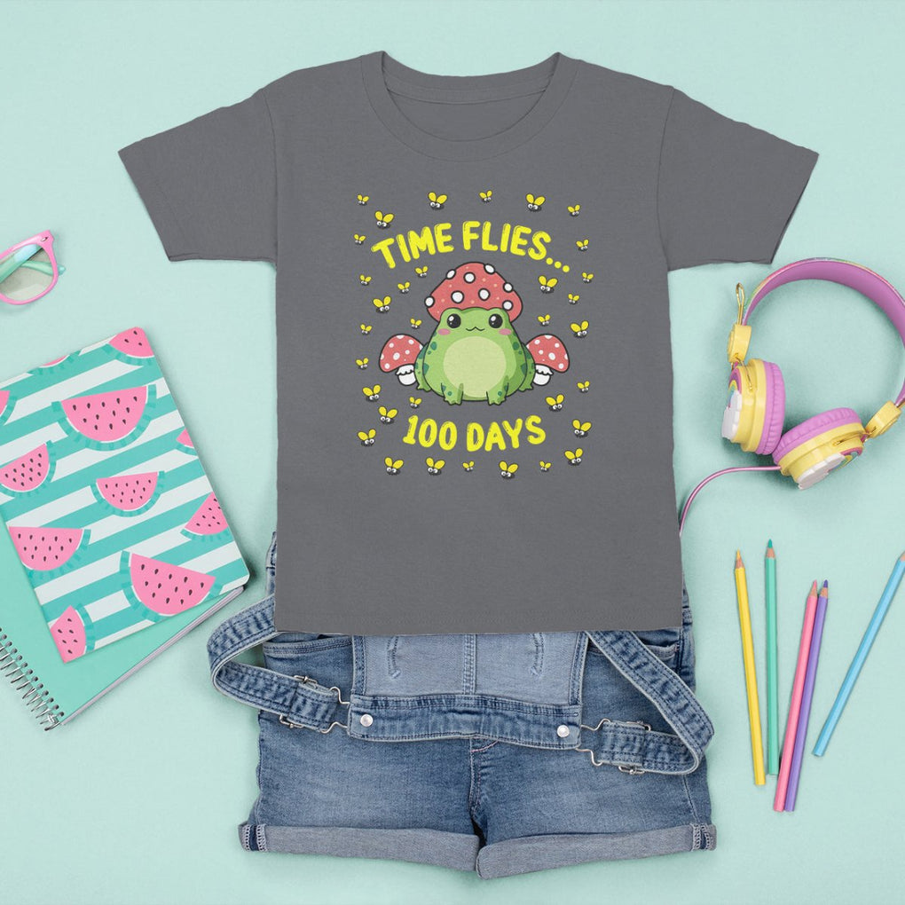 100th Day Of School T Shirt For Kid Time Flies Frog 100 Days TS09 Charcoal Printyourwear