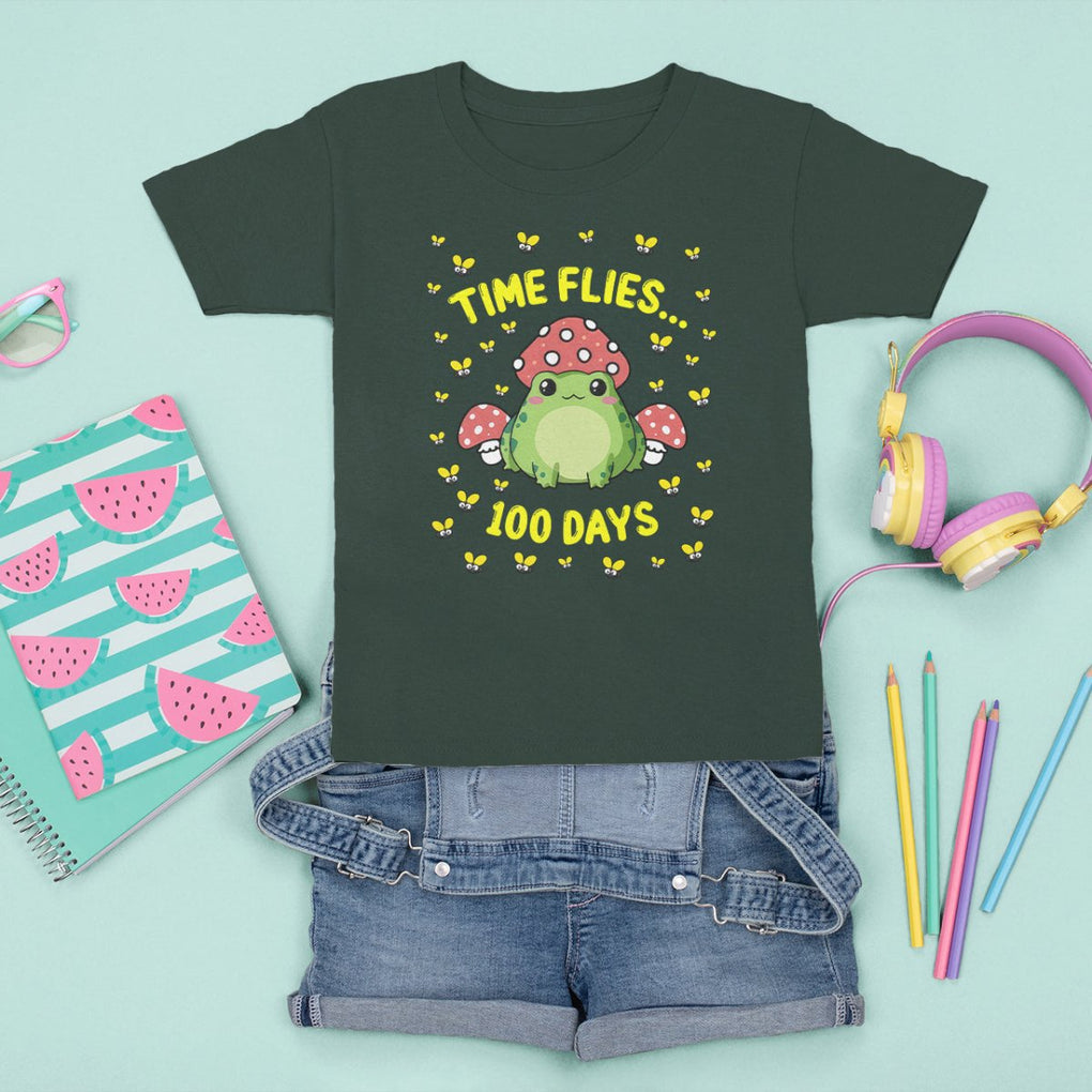 100th Day Of School T Shirt For Kid Time Flies Frog 100 Days TS09 Dark Forest Green Printyourwear