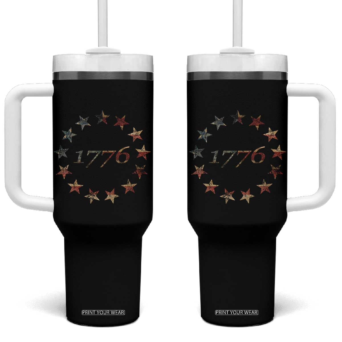 13 Star Flag Betsy Ross Distressed American Flag 1776 USA Tumbler With Handle 4th Of July TS11 One Size: 40 oz Black Print Your Wear