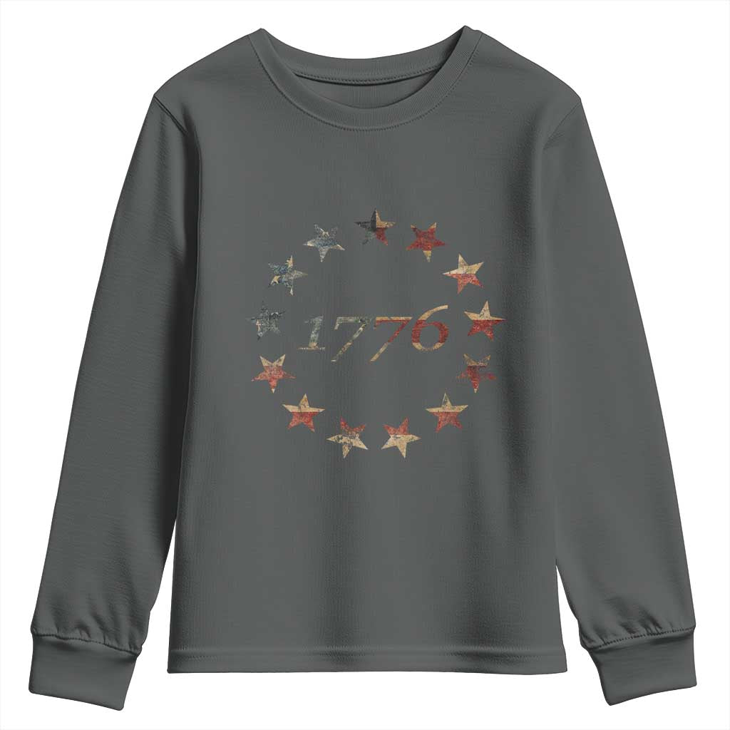 13 Star Flag Betsy Ross Distressed American Flag 1776 USA Youth Sweatshirt 4th Of July TS11 Dark Heather Print Your Wear