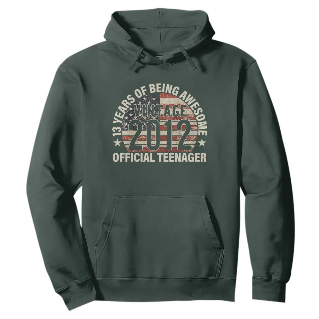 13th Birthday Hoodie Vintage 2012 Official Teenager 13 Years Of Being Awesome American Flag TS11 Dark Forest Green Print Your Wear
