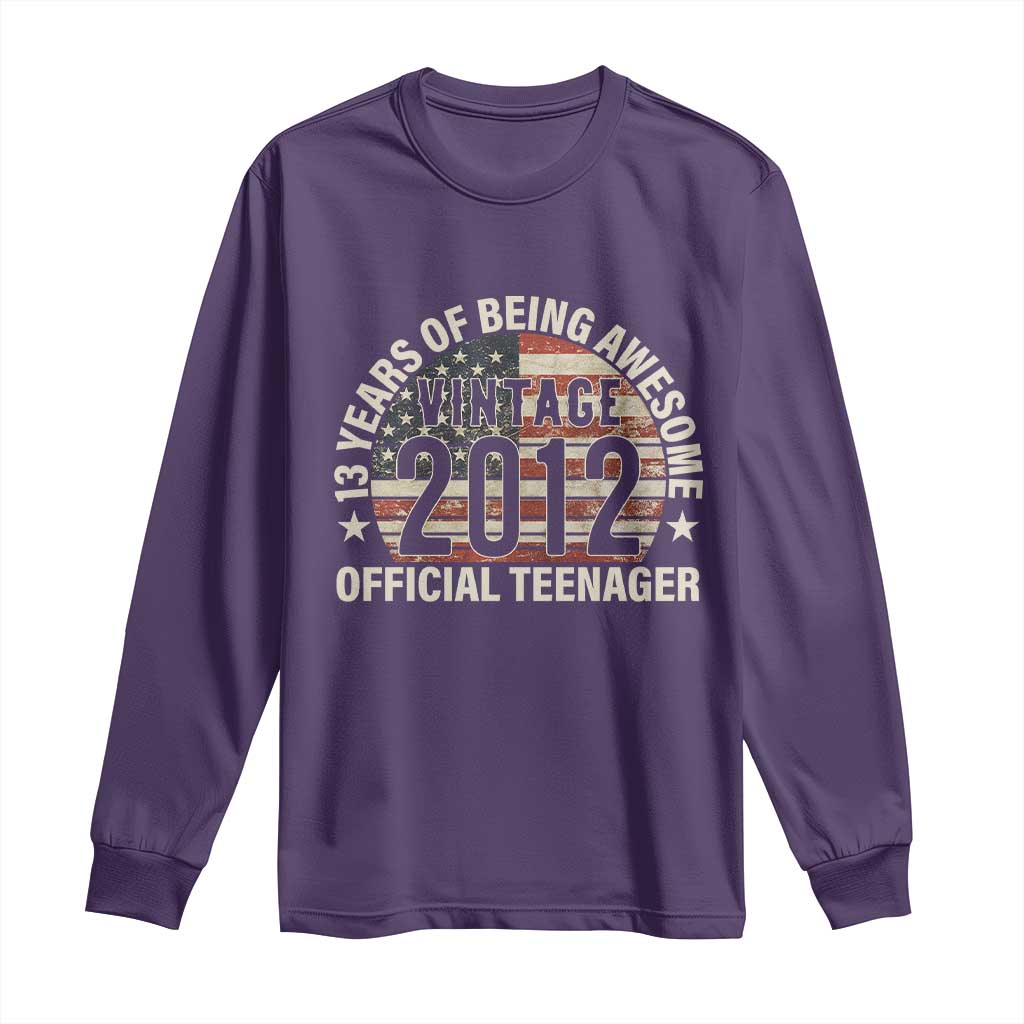 13th Birthday Long Sleeve Shirt Vintage 2012 Official Teenager 13 Years Of Being Awesome American Flag TS11 Purple Print Your Wear
