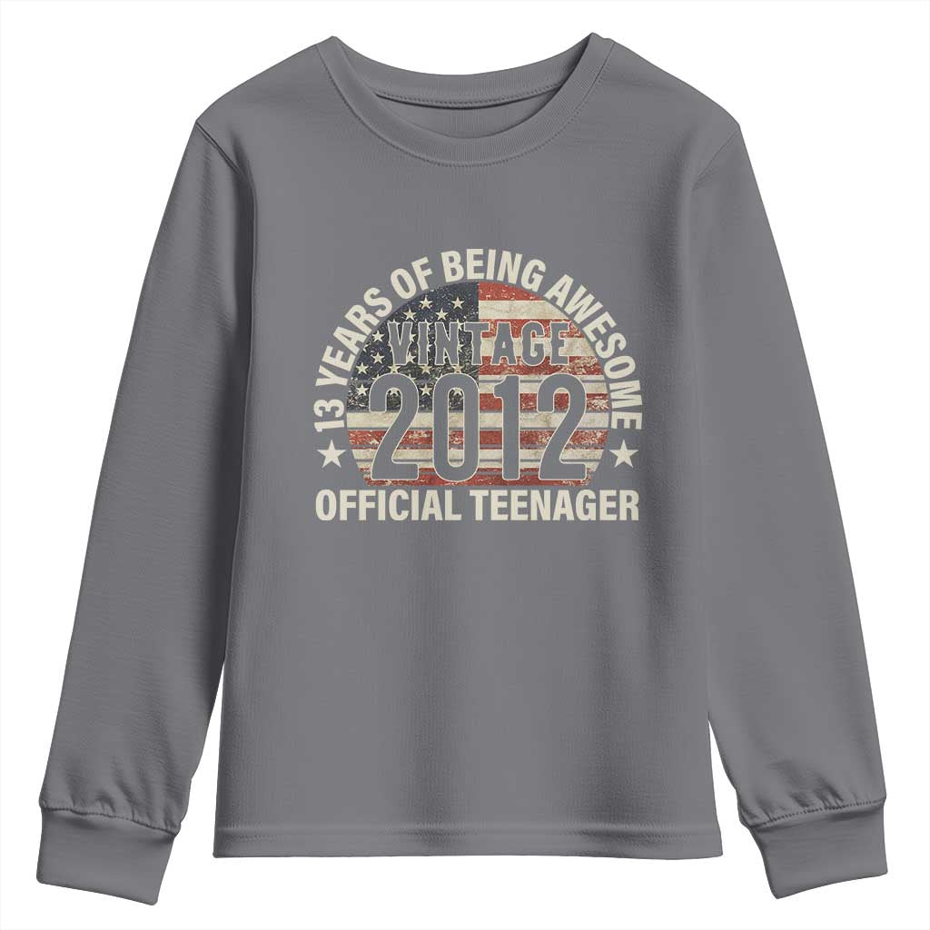 13th Birthday Youth Sweatshirt Vintage 2012 Official Teenager 13 Years Of Being Awesome American Flag TS11 Charcoal Print Your Wear