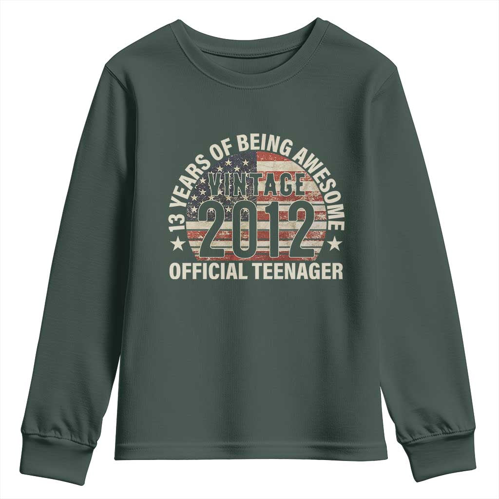13th Birthday Youth Sweatshirt Vintage 2012 Official Teenager 13 Years Of Being Awesome American Flag TS11 Dark Forest Green Print Your Wear
