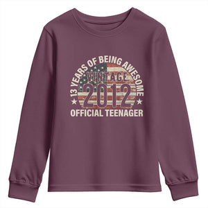13th Birthday Youth Sweatshirt Vintage 2012 Official Teenager 13 Years Of Being Awesome American Flag TS11 Maroon Print Your Wear