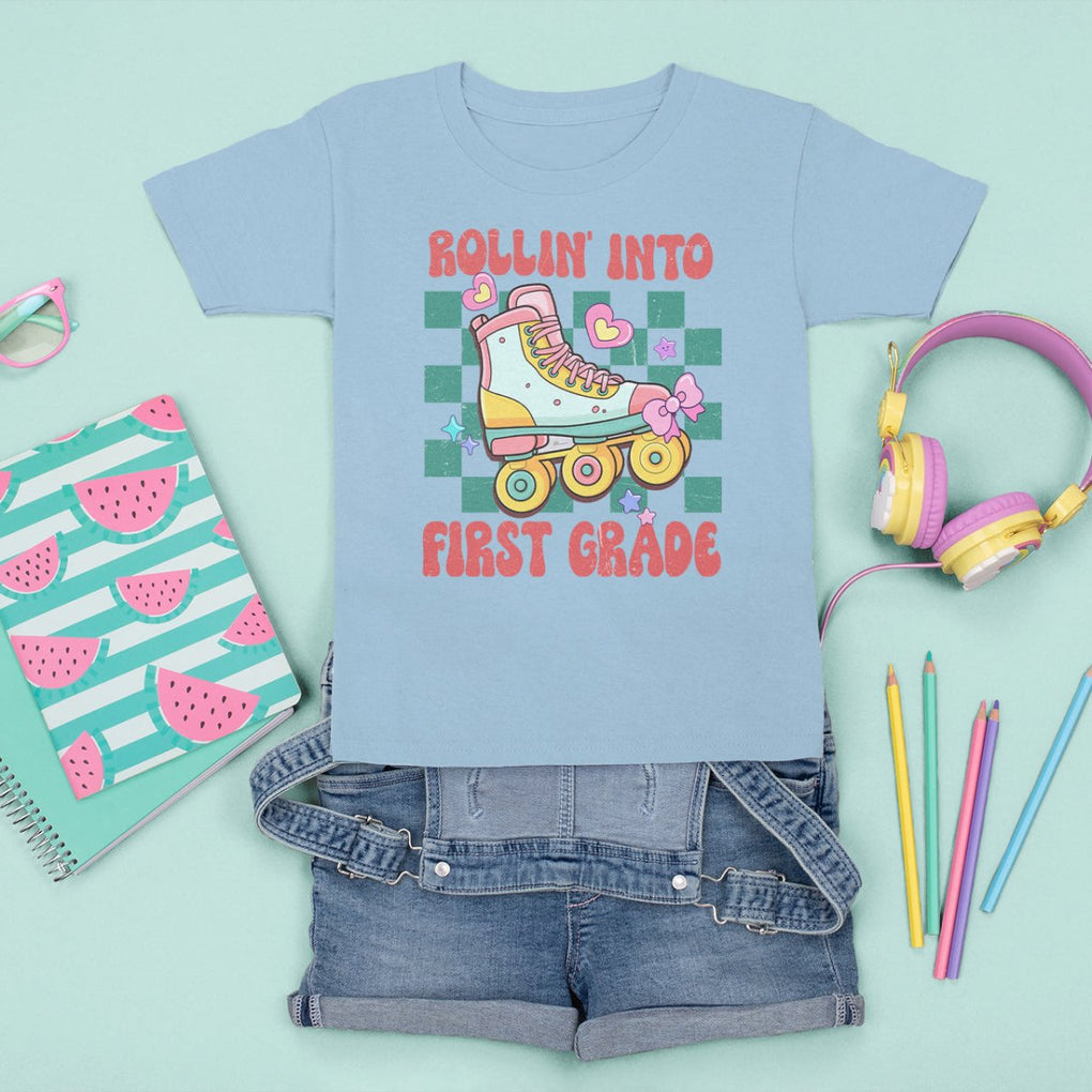 1st Grade T Shirt For Kid Rolling Into First Grade Roller Skate Back To School Girls TS02 Printyourwear