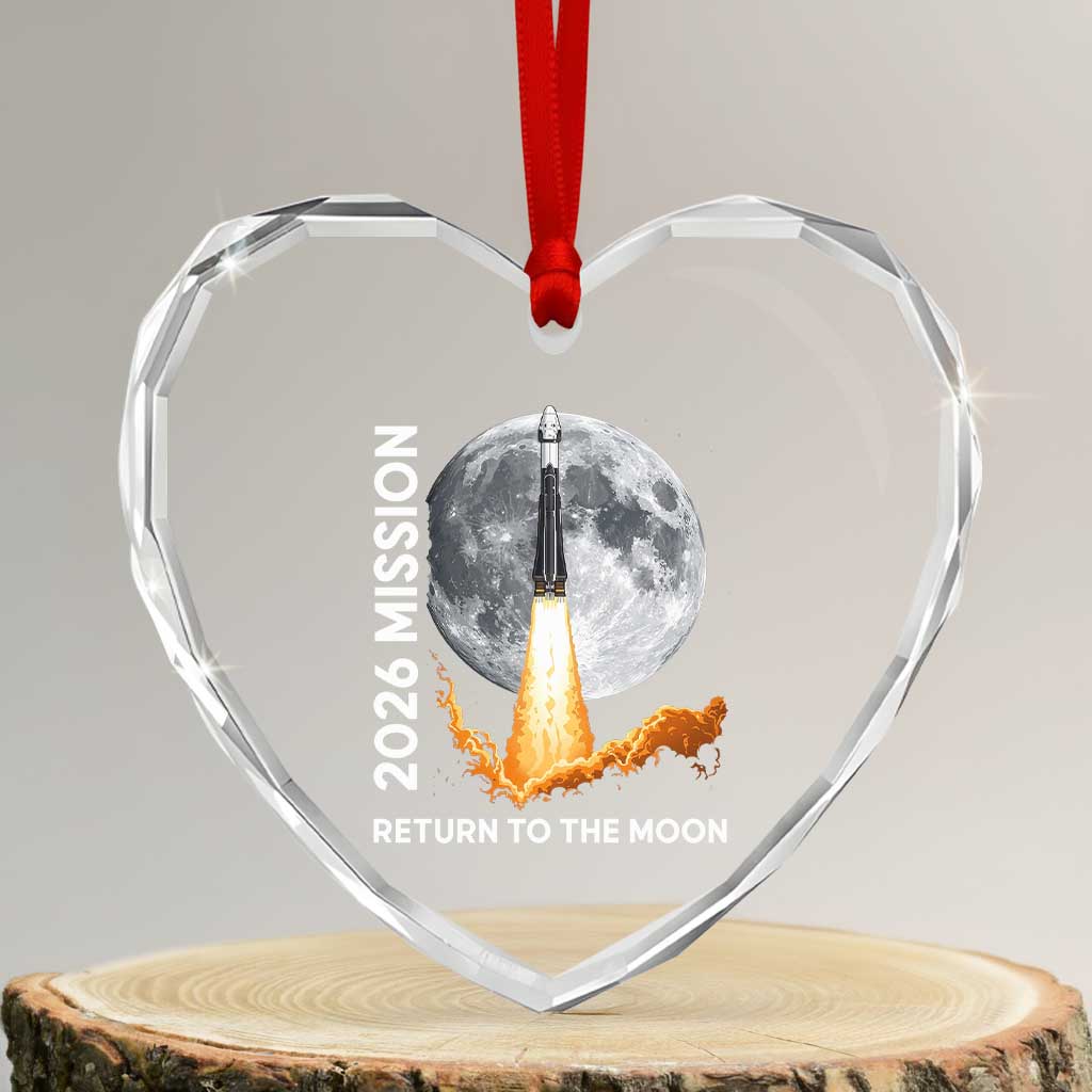 2026 Return to the Moon Mission Heart Crystal Glass Ornament Realistic Rocket Launch Lunar Graphic Space Exploration TS02 Transparent Glass 3'' Heart Print Your Wear