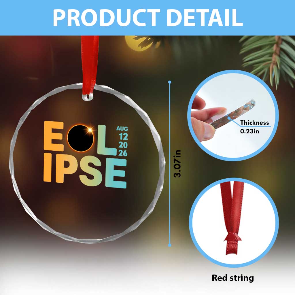 2026 Total Solar Eclipse Retro Typography Crystal Glass Ornament August 12 Totality Astronomy Gift