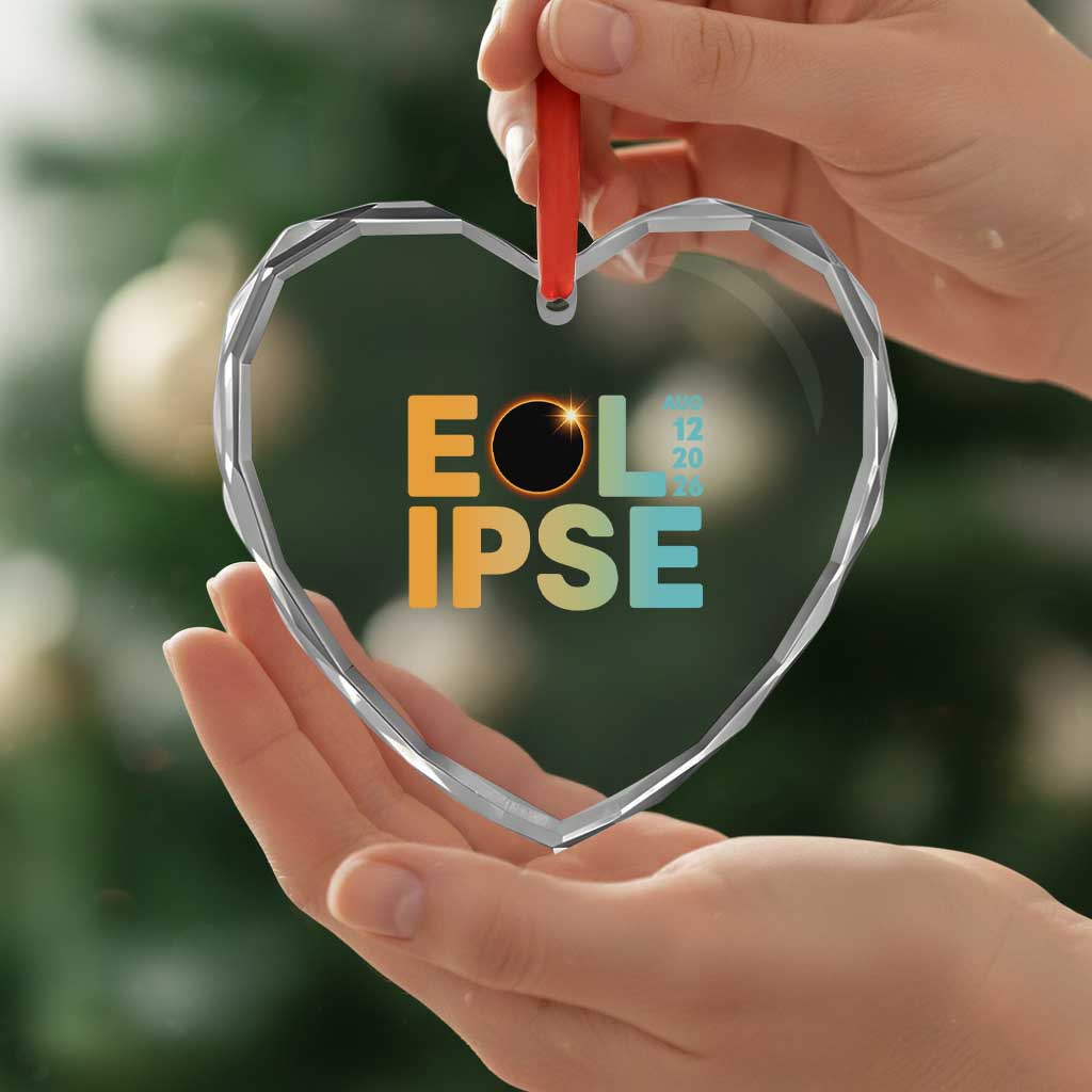 2026 Total Solar Eclipse Retro Typography Heart Crystal Glass Ornament August 12 Totality Astronomy Gift