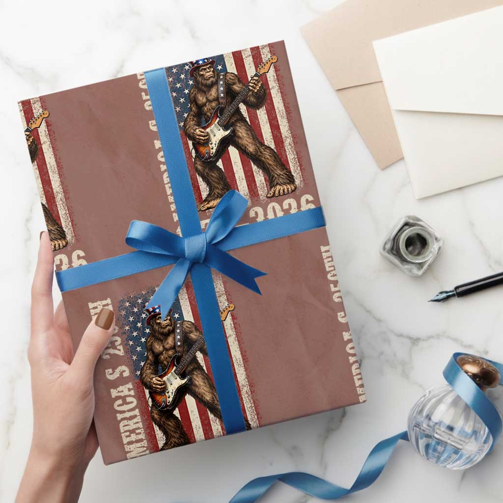 250 Years America Anniversary Wrapping Paper Roll Patriotic Bigfoot Playing Guitar 4th Of July