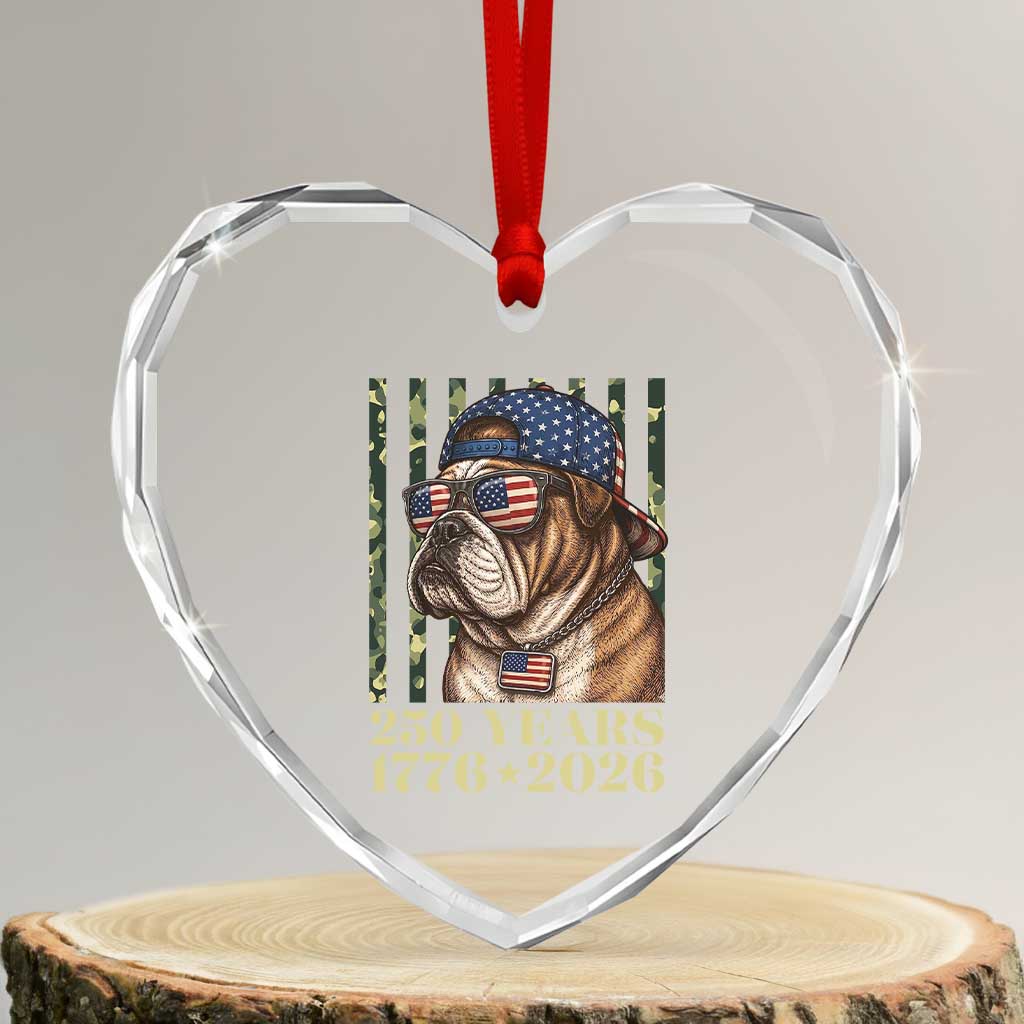 250 Years America Anniversary Heart Crystal Glass Ornament Military Bulldog American Flag Camo