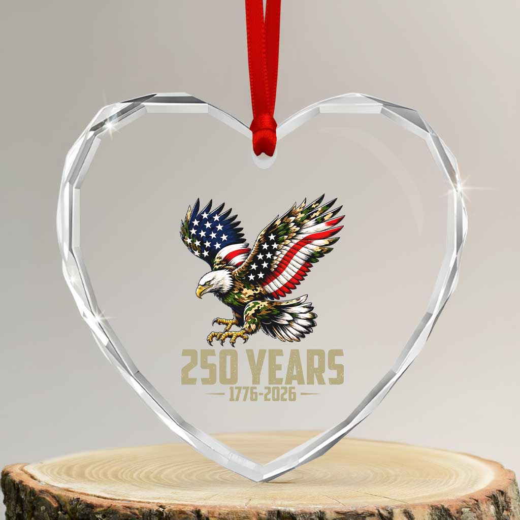 250 Years America Anniversary Heart Crystal Glass Ornament Military Eagle American Flag Camo