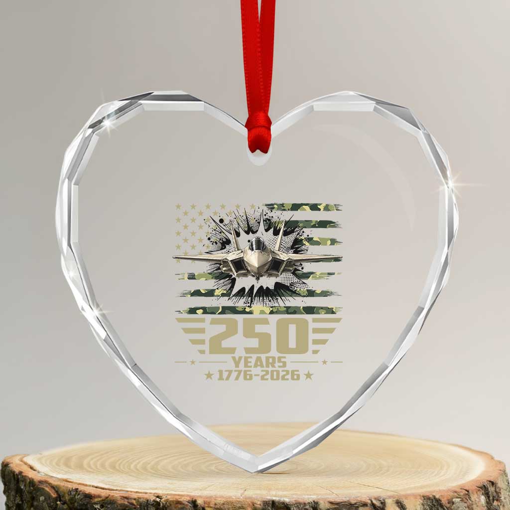 250 Years Anniversary Heart Crystal Glass Ornament Patriotic Jet Fighter US Flag Camo