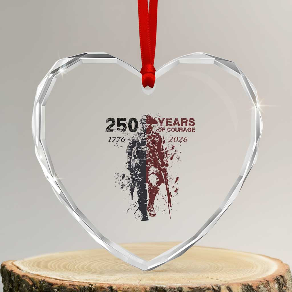250 Years of Courage Commemorative Patriotic Soldier Heart Crystal Glass Ornament American Revolution to Modern Military 1776 to 2026 Semiquincentennial