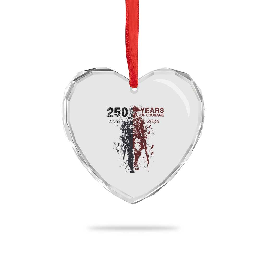250 Years of Courage Commemorative Patriotic Soldier Heart Crystal Glass Ornament American Revolution to Modern Military 1776 to 2026 Semiquincentennial