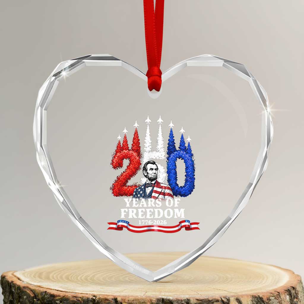 250 Years of Freedom Abraham Lincoln Patriotic Heart Crystal Glass Ornament US Fighter Jets Red White and Blue 1776 to 2026 Semiquincentennial
