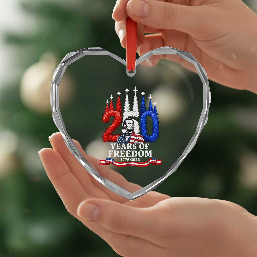 250 Years of Freedom Abraham Lincoln Patriotic Heart Crystal Glass Ornament US Fighter Jets Red White and Blue 1776 to 2026 Semiquincentennial