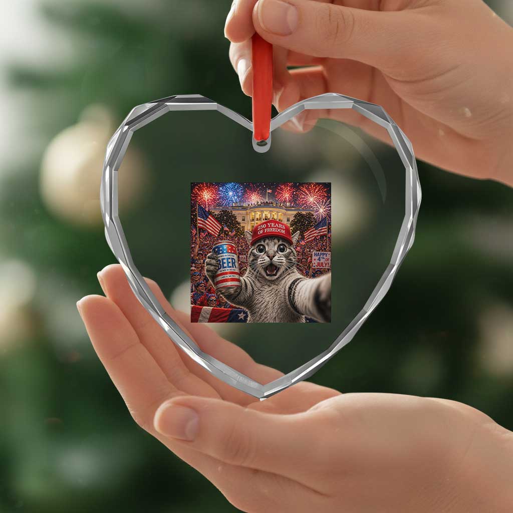 250 Years Of Freedom Heart Crystal Glass Ornament Funny Cat Selfie 4th of July Party TS14 Print Your Wear