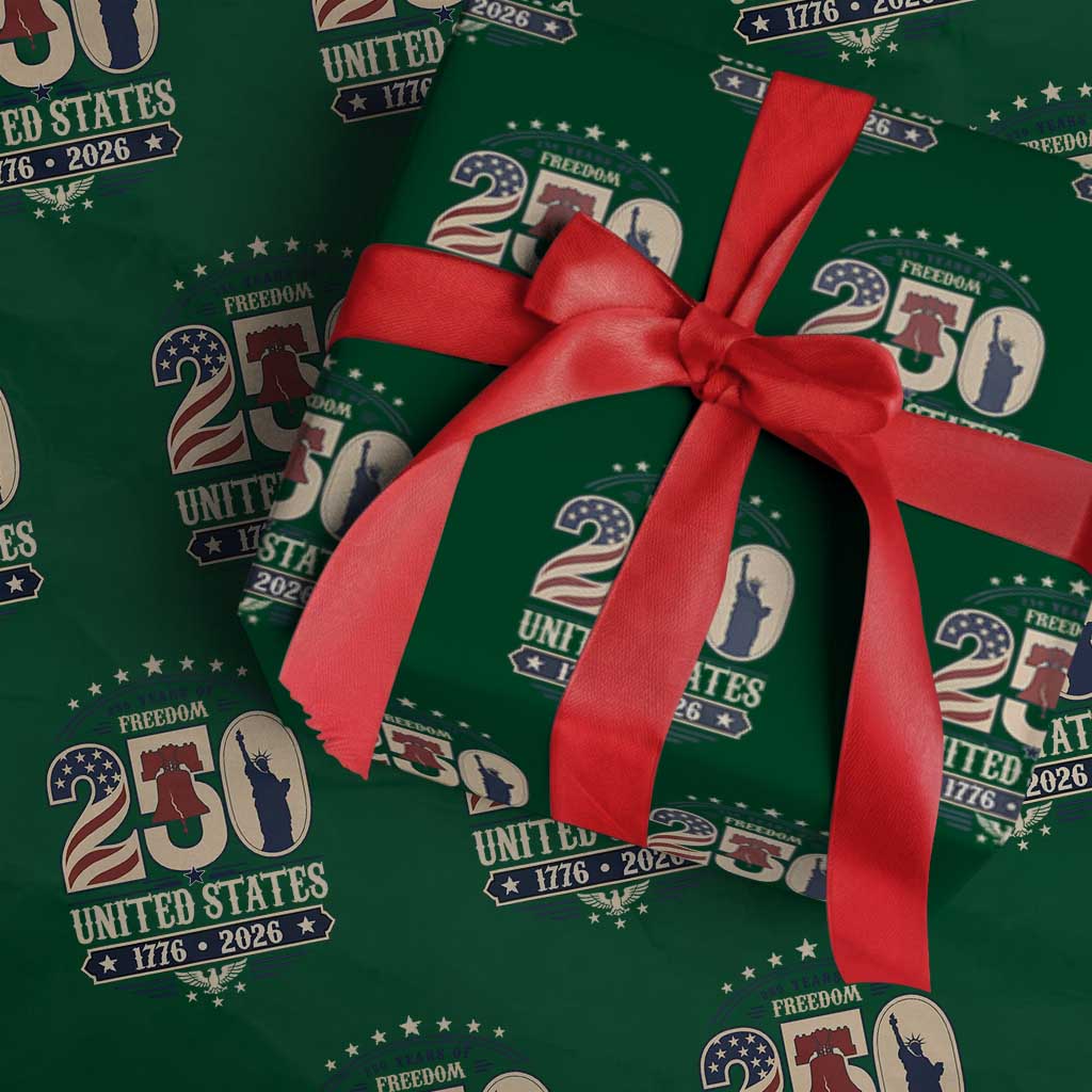 250 Years of Freedom Liberty Bell and Statue of Liberty Graphic Wrapping Paper Roll 1776 2026 US Pride American Flag Graphic Emblem TS02 Green Print Your Wear