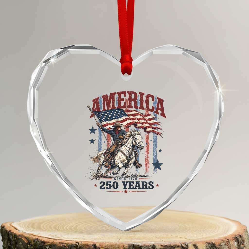 250 Years Since 1776 Cowboy on Horseback Heart Crystal Glass Ornament Vintage Patriotic Western Style American Flag Semiquincentennial
