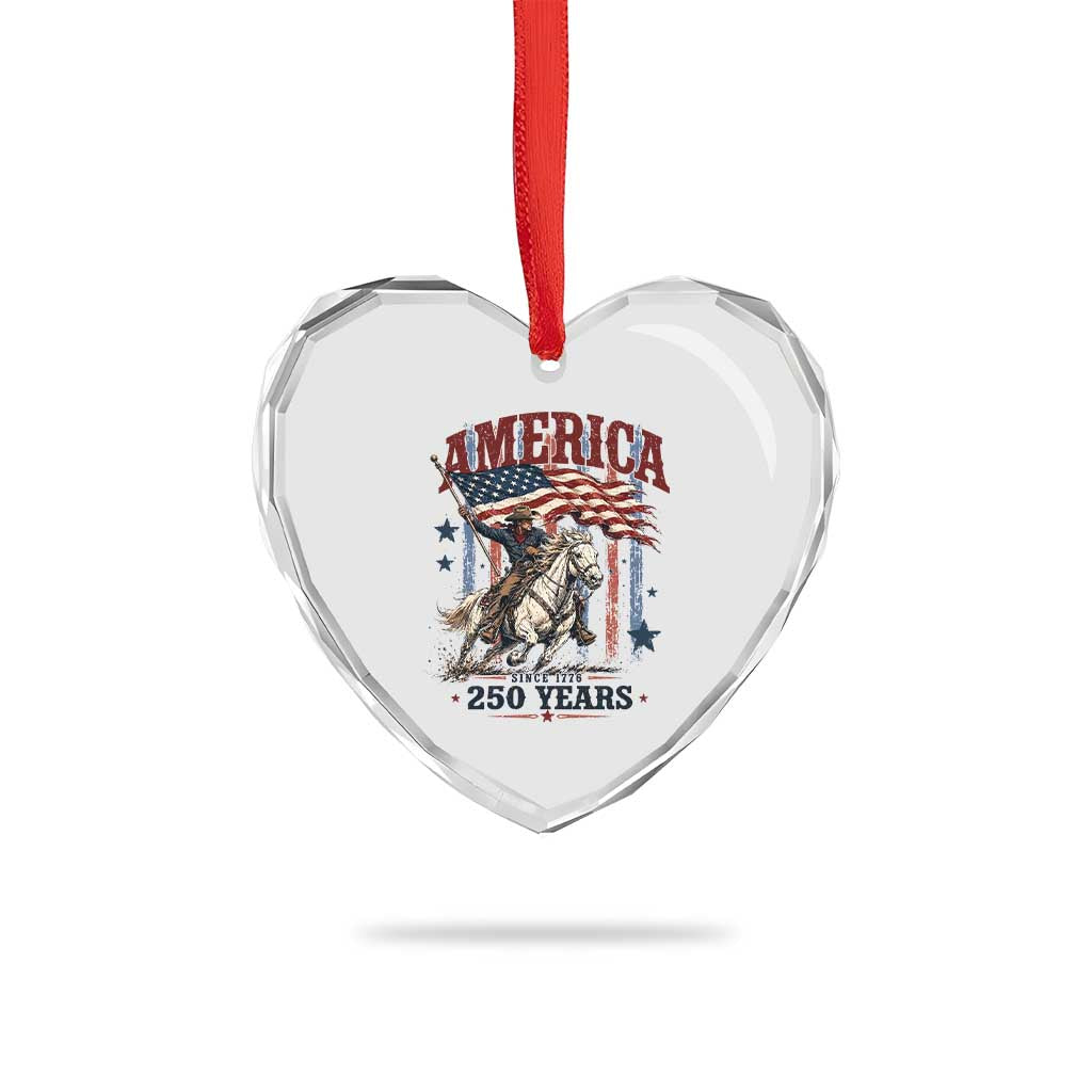 250 Years Since 1776 Cowboy on Horseback Heart Crystal Glass Ornament Vintage Patriotic Western Style American Flag Semiquincentennial