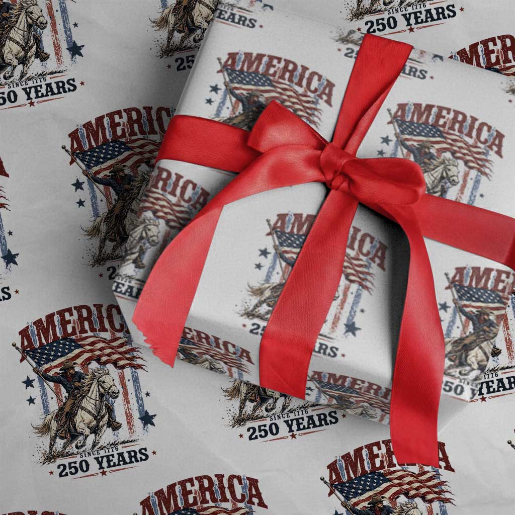 250 Years Since 1776 Cowboy on Horseback Wrapping Paper Roll Vintage Patriotic Western Style American Flag Semiquincentennial