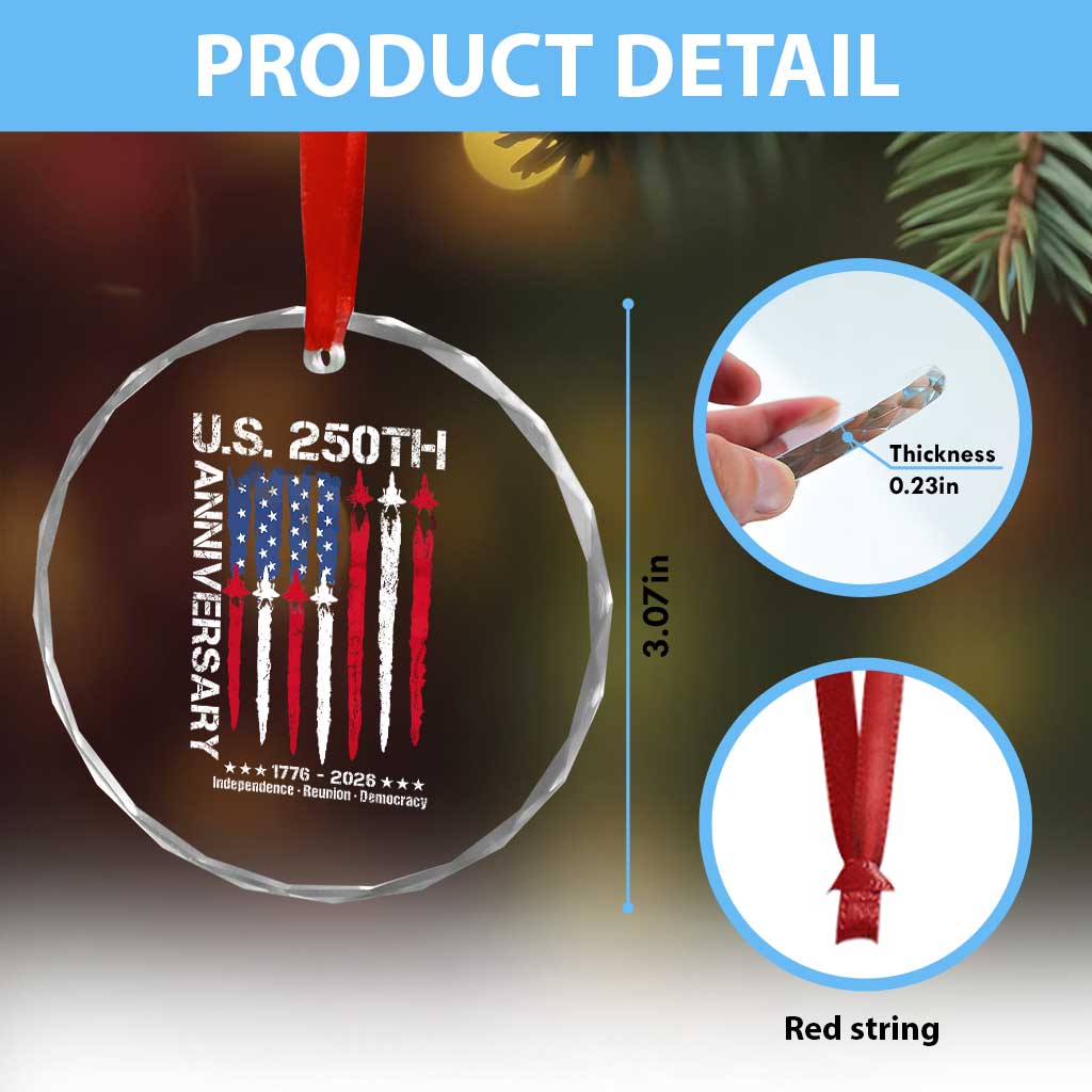 250th American Anniversary Crystal Glass Ornament 250 Years America USA Flag Fighter Jets Patriotic Veterans TS10 Print Your Wear