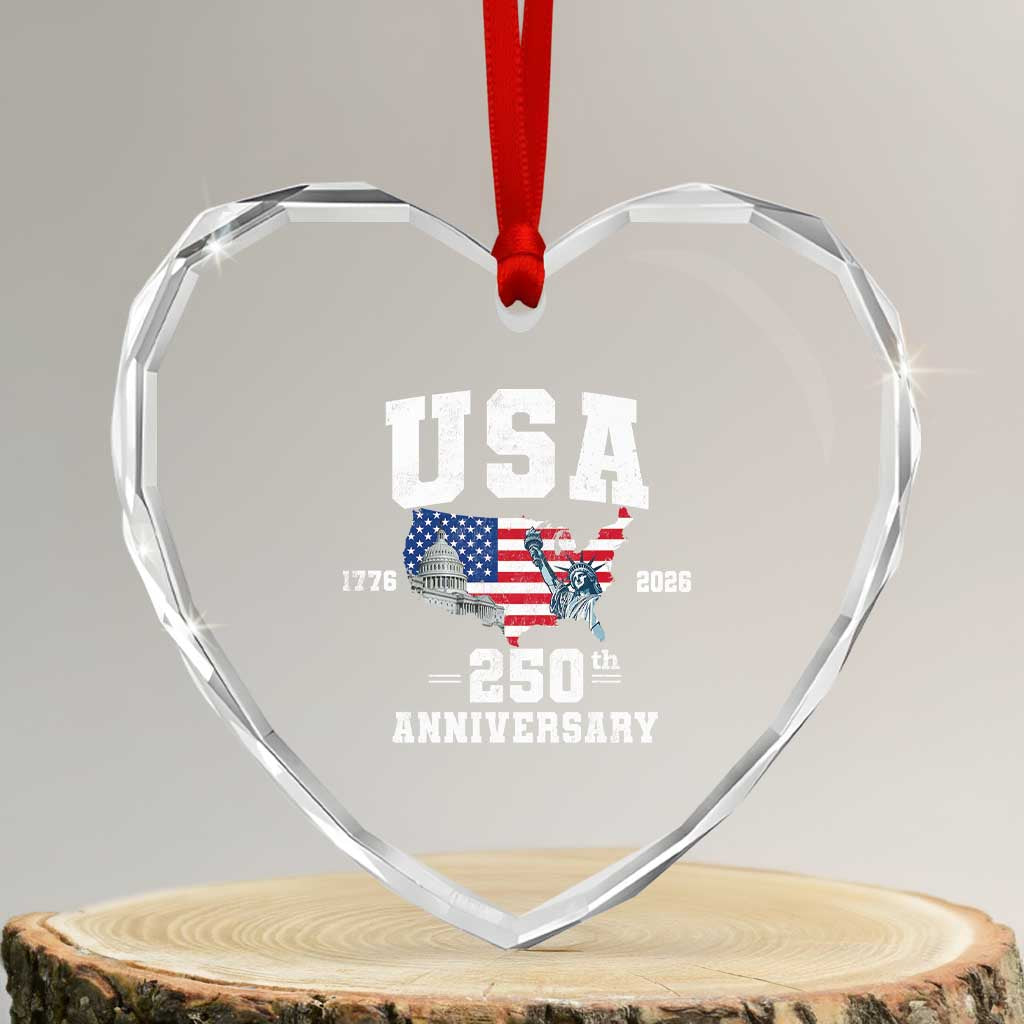 250th Anniversary USA Heart Crystal Glass Ornament 4th of July America US Flag Patriotic 250 Years American Flag