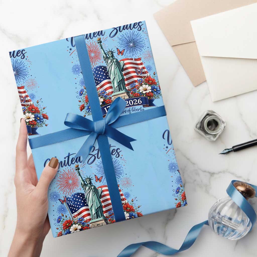 250th Anniversary USA Wrapping Paper Roll Patriotic Liberty Floral 250 Years American 4th July 1776 2026 TS10 Light Blue Print Your Wear