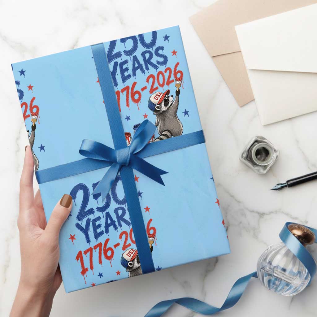 250th Anniversary USA Wrapping Paper Roll Patriotic Raccoon American Flag 4th of July TS14 Light Blue Print Your Wear